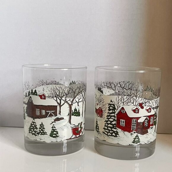 Vintage Libbey Winter Village Double Old Fashioned Glasses Set Of 2 Christmas - Picture 2 of 4